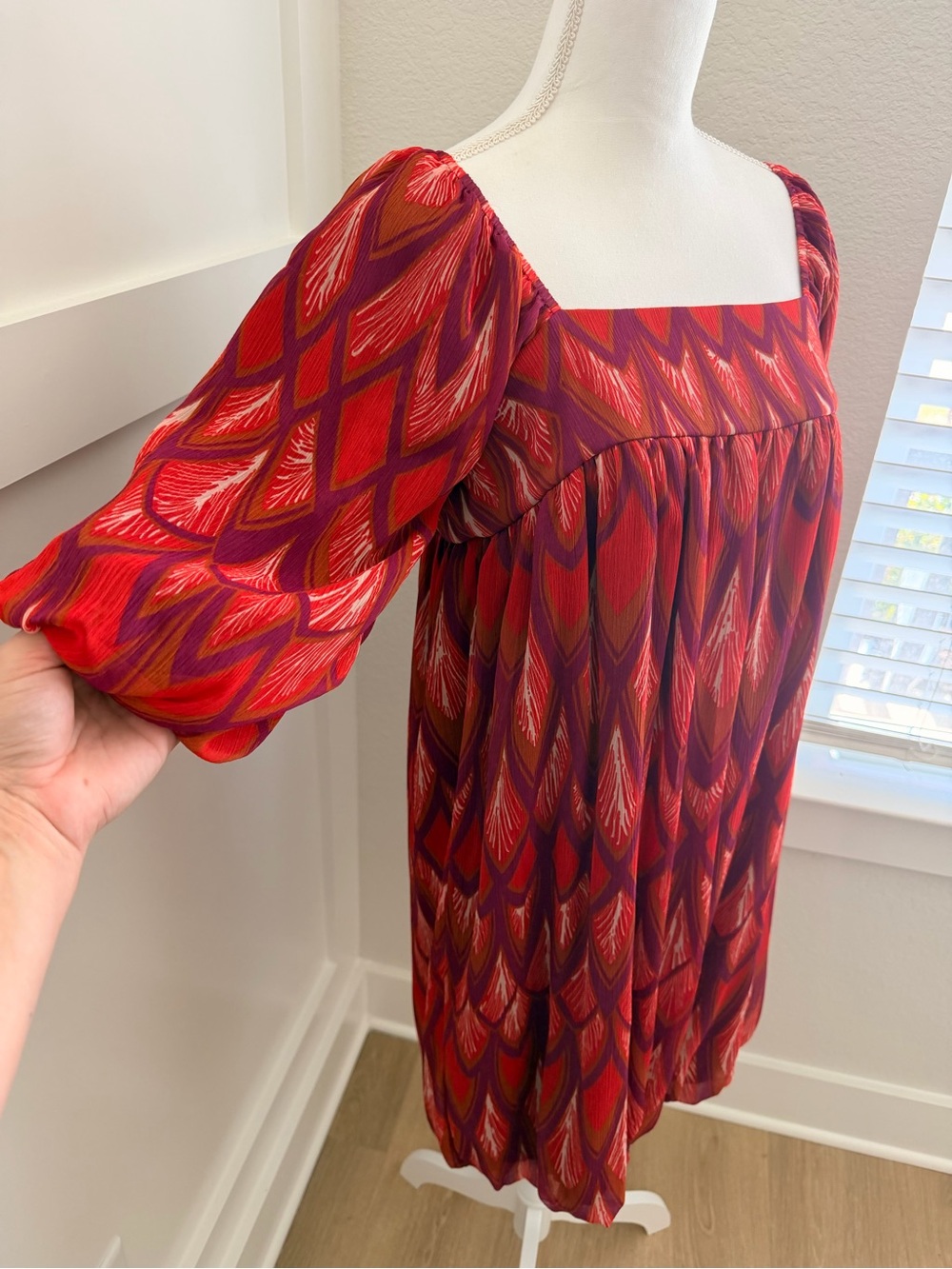 Red Patterned Square-Neck Women's Dress - Picture 2 of 4